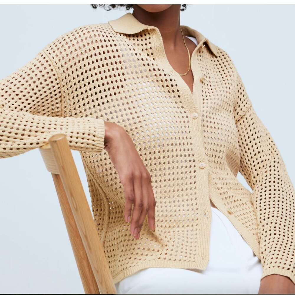 Madewell Open Knit Button-Up Cardigan in Beige